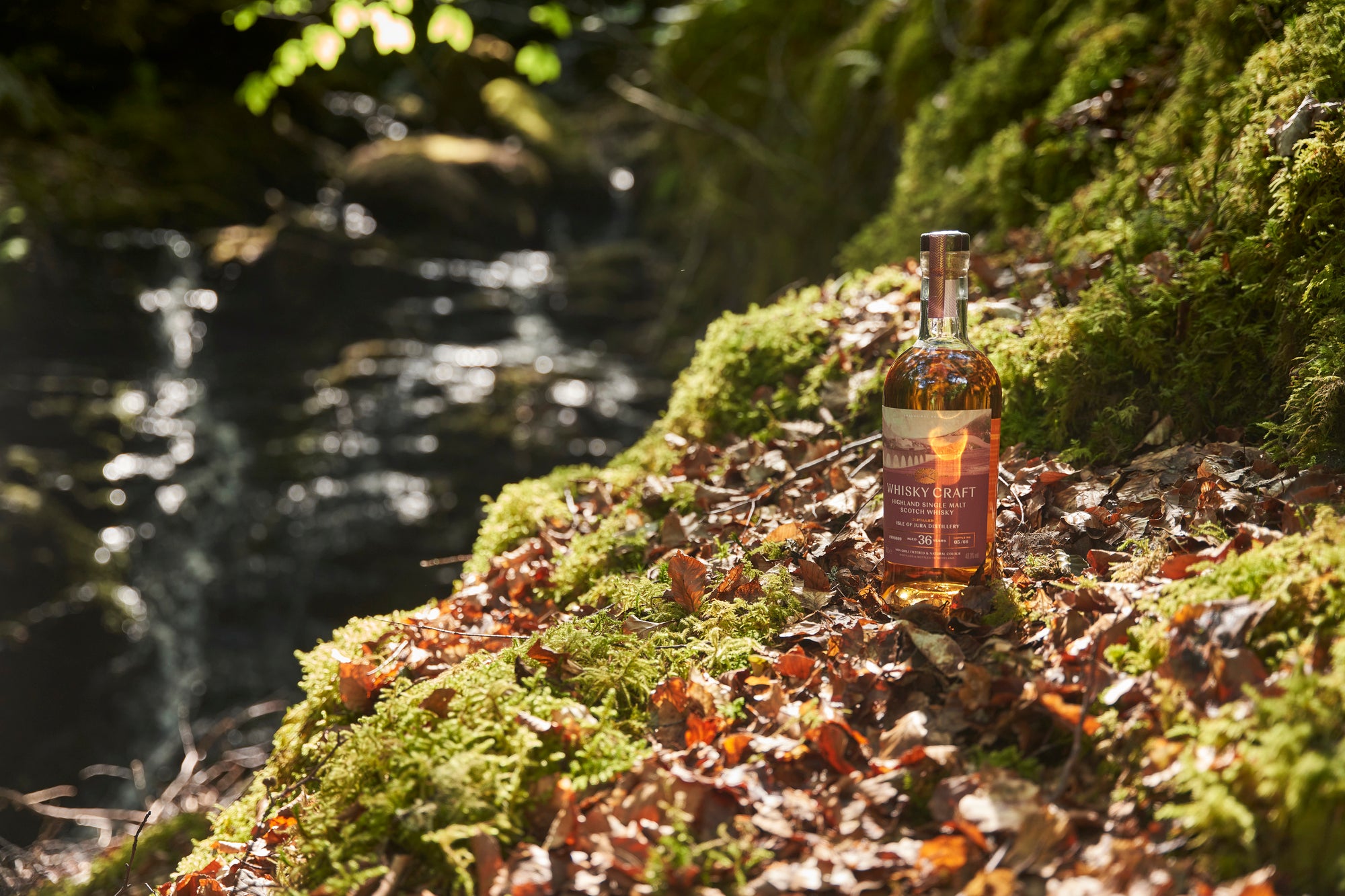 Bottle of Jura whisky on a bank of moss and brown leaves, with an out-of-focus stream in the background