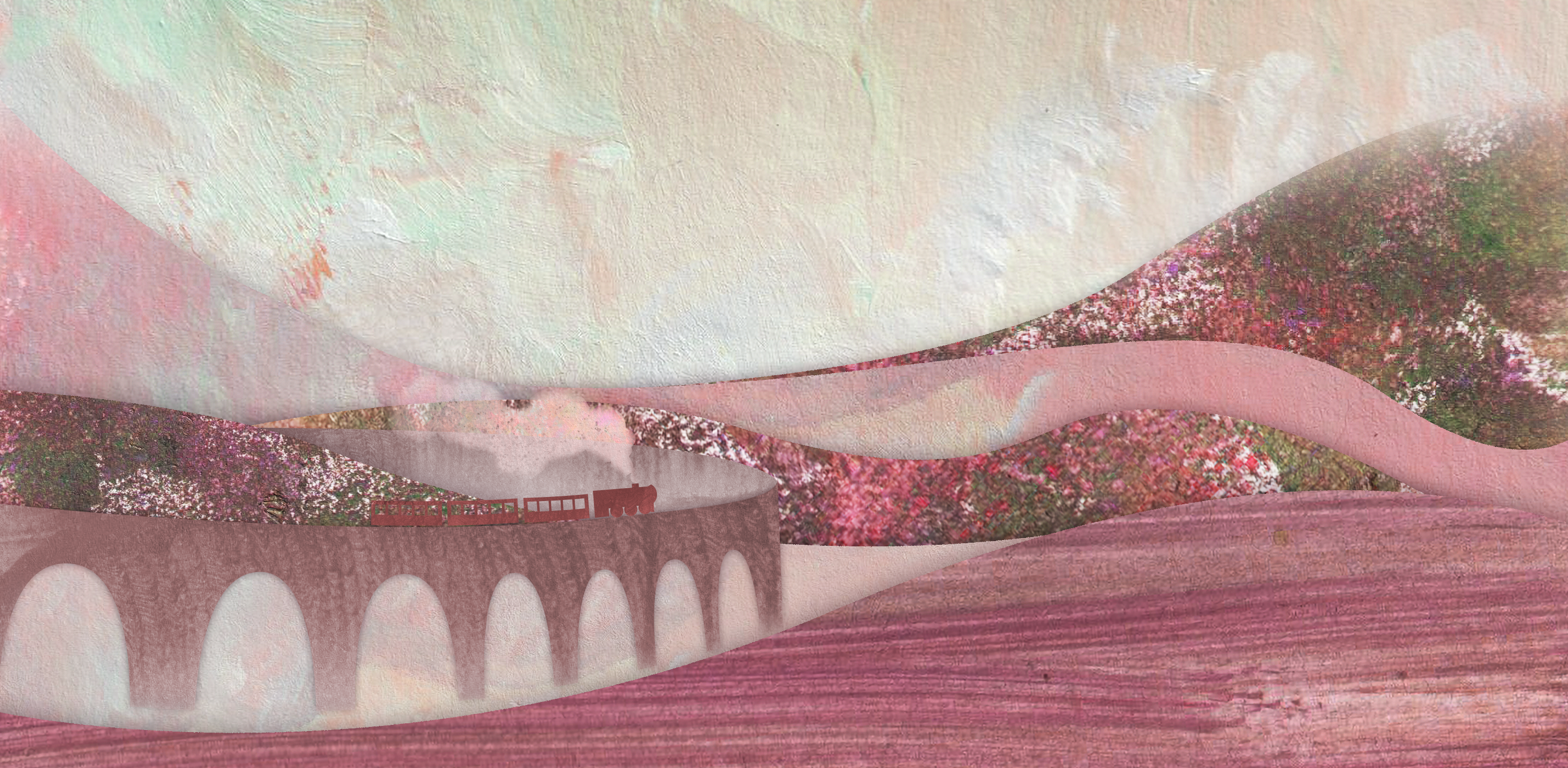 Illustration of textured purple mountains and a viaduct with a train in the foreground