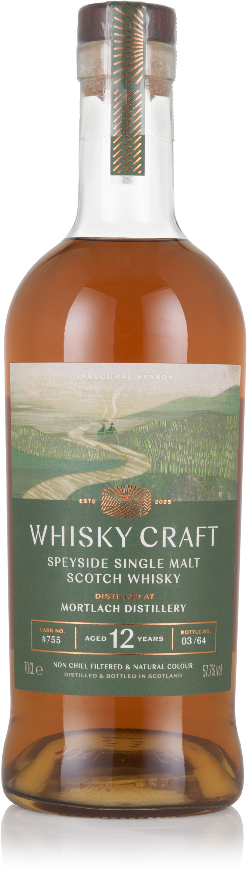 Bottle of Whisky Craft Speyside Single Malt Scotch Whisky. It's aged 12 years, has a green lush illustration, and the liquid is a medium-warm brown colour.