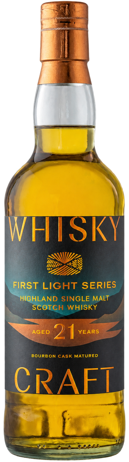 A bottle of Craft First Light Series 21 Year Old Highland Single Malt Scotch Whisky, showing the amber liquid, a dark label with gold and orange text, and a metallic copper cap.