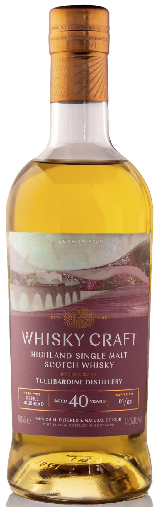 A bottle of Whisky Craft Highland Single Malt Scotch Whisky, 40 years old, with a gold cap and a label depicting a landscape of purple hills under a blue sky, set against a plain white background.