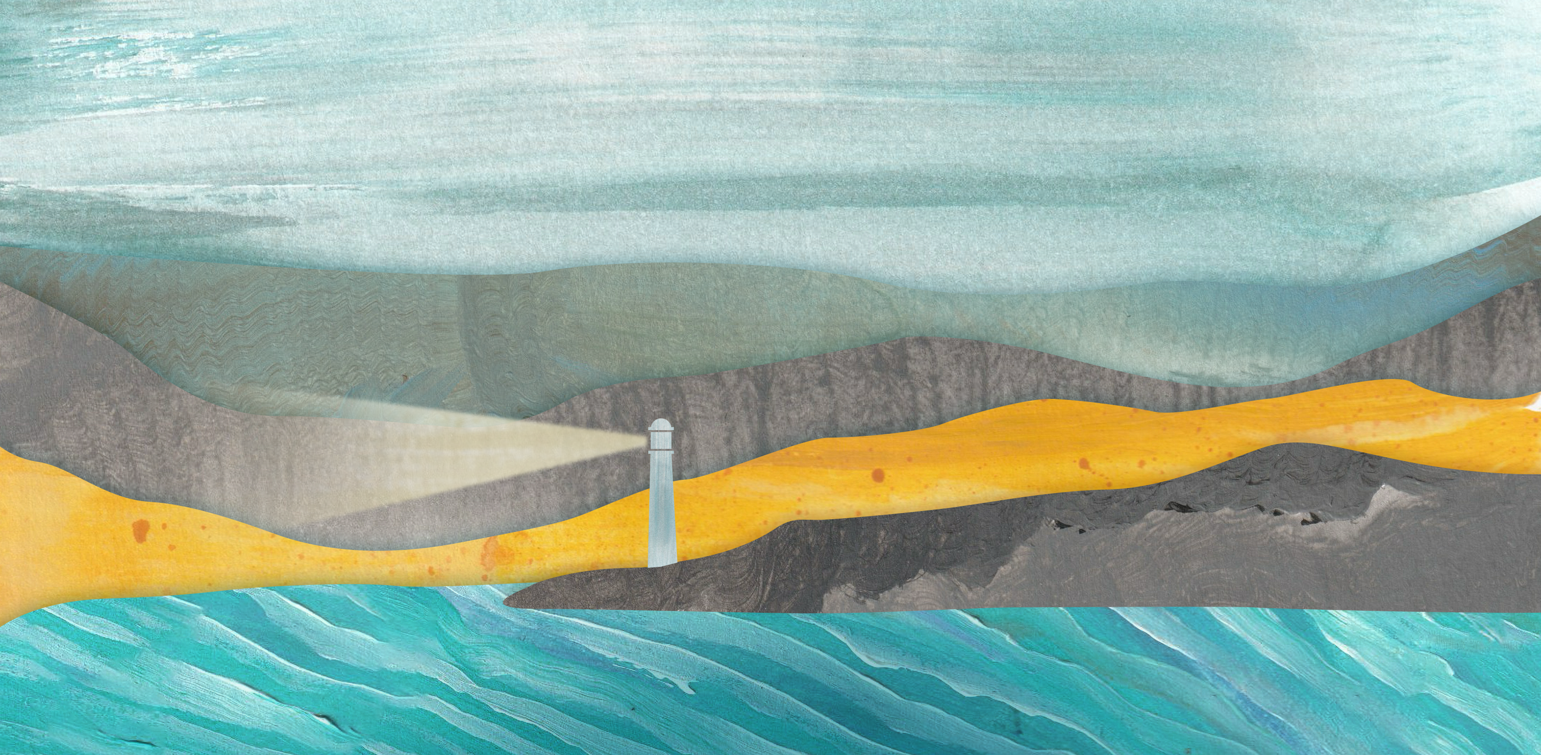Illustration of a coast, with water in the foreground and cliffs, a beach and lighthouse in the background