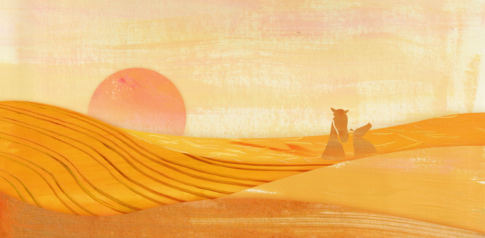 Illustration of rolling yellow barley fields, the kelpies horse sculptures, and a sunset in the background