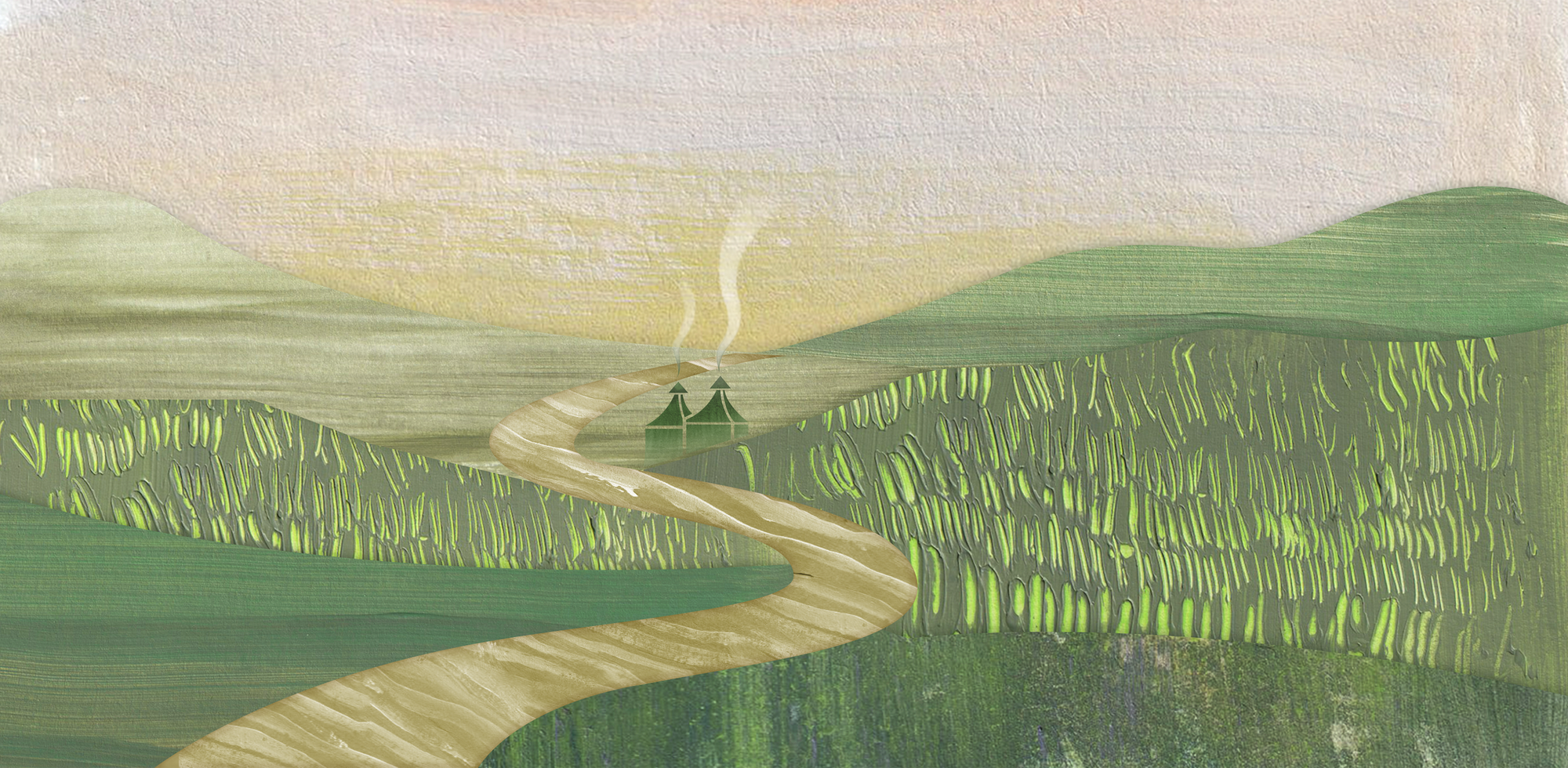 Illustration of rolling green hills, a winding path and a distillery with smoke in the distance