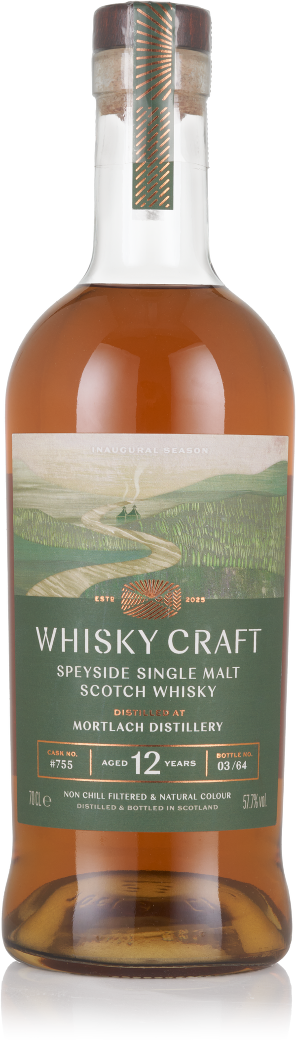Bottle of Whisky Craft Speyside Single Malt Scotch Whisky. It's aged 12 years, has a green lush illustration, and the liquid is a medium-warm brown colour.
